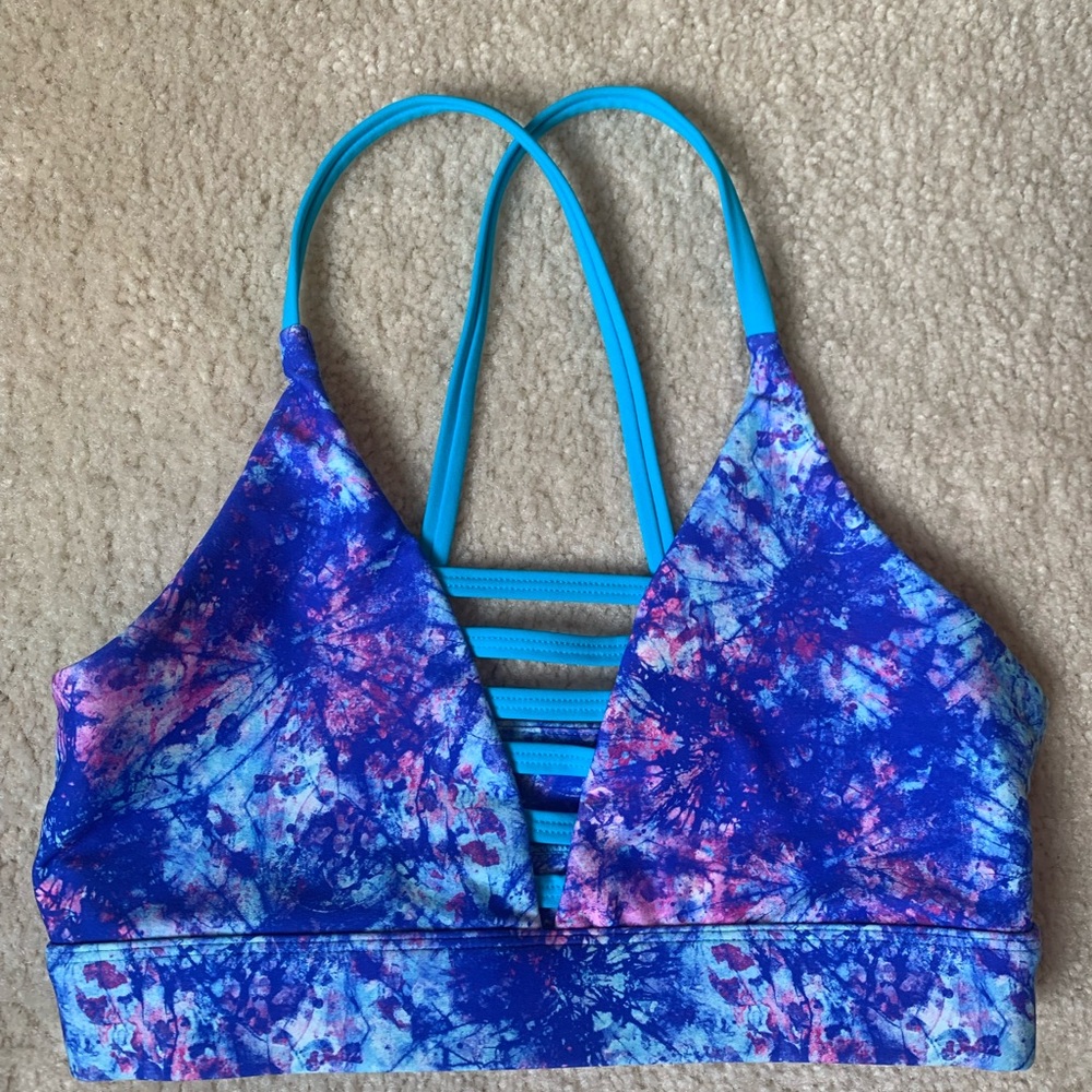 Blue and Purple Tie-Dye Sports Bra with Strappy Back